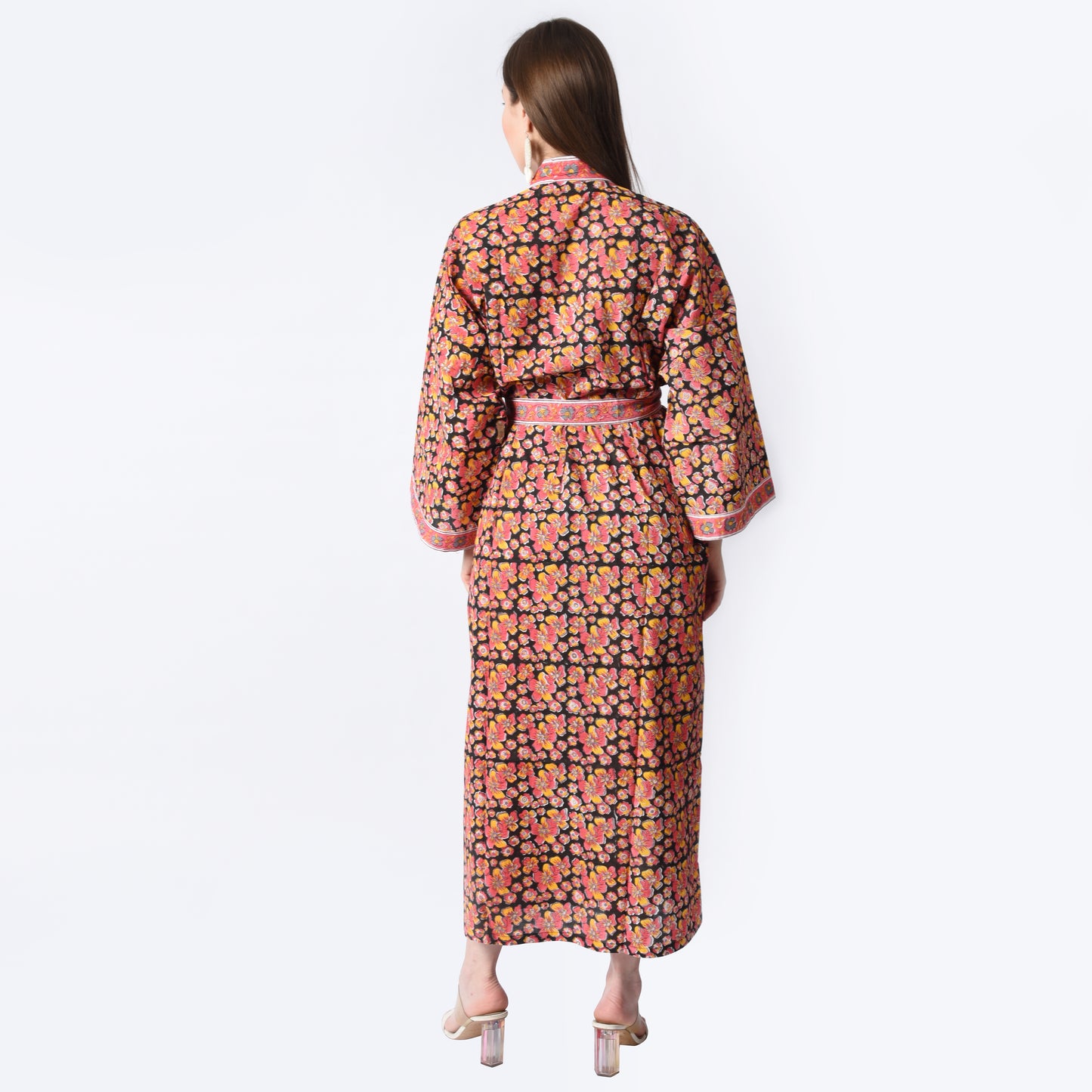 Hand Block Printed Sanganeri Jaipuri Floral Women Casual Kimono Dress Beach wear sleepwear belted dress