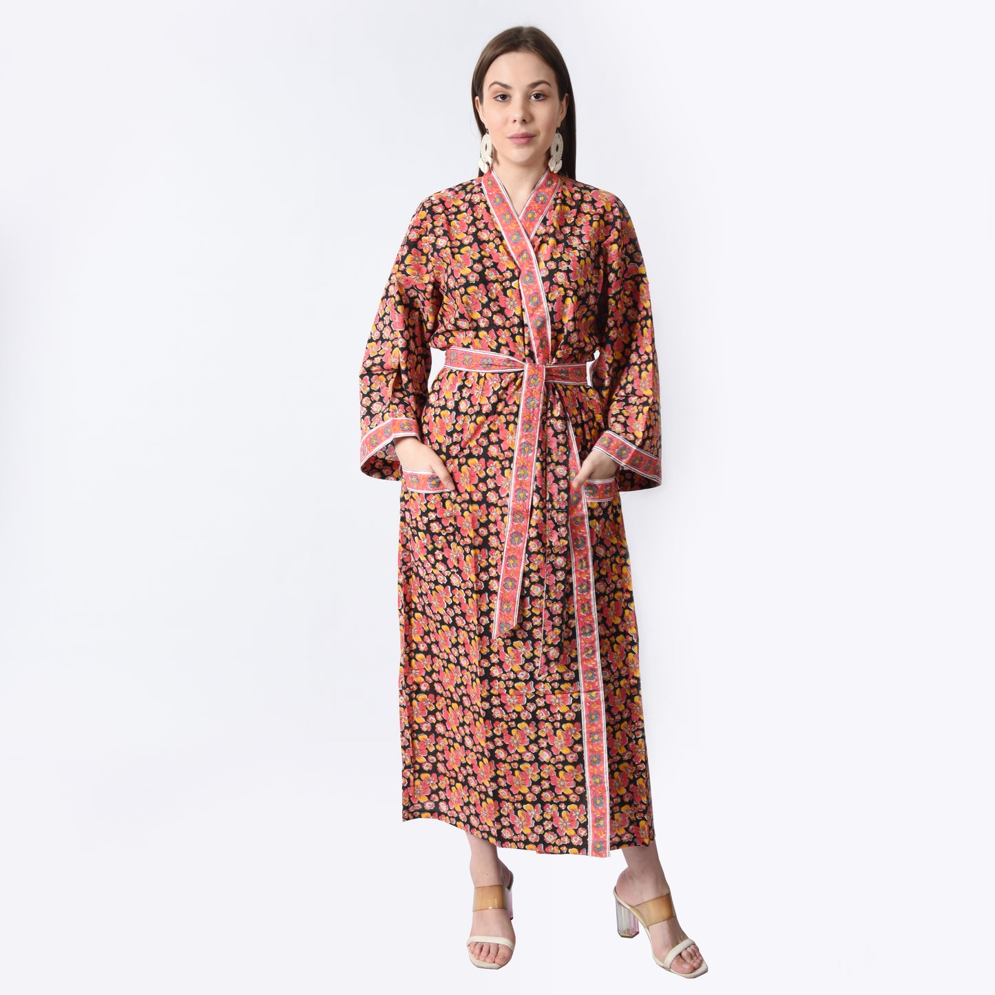 Hand Block Printed Sanganeri Jaipuri Floral Women Casual Kimono Dress Beach wear sleepwear belted dress