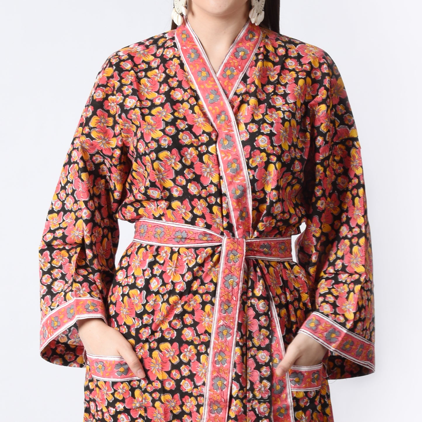 Hand Block Printed Sanganeri Jaipuri Floral Women Casual Kimono Dress Beach wear sleepwear belted dress