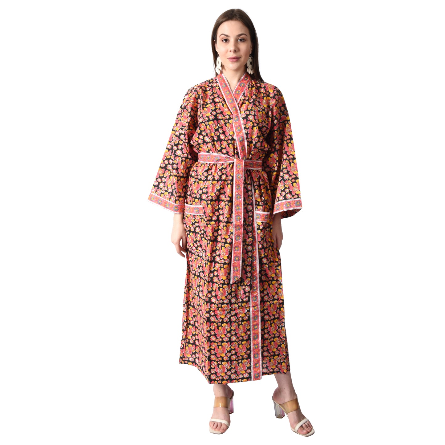 Hand Block Printed Sanganeri Jaipuri Floral Women Casual Kimono Dress Beach wear sleepwear belted dress