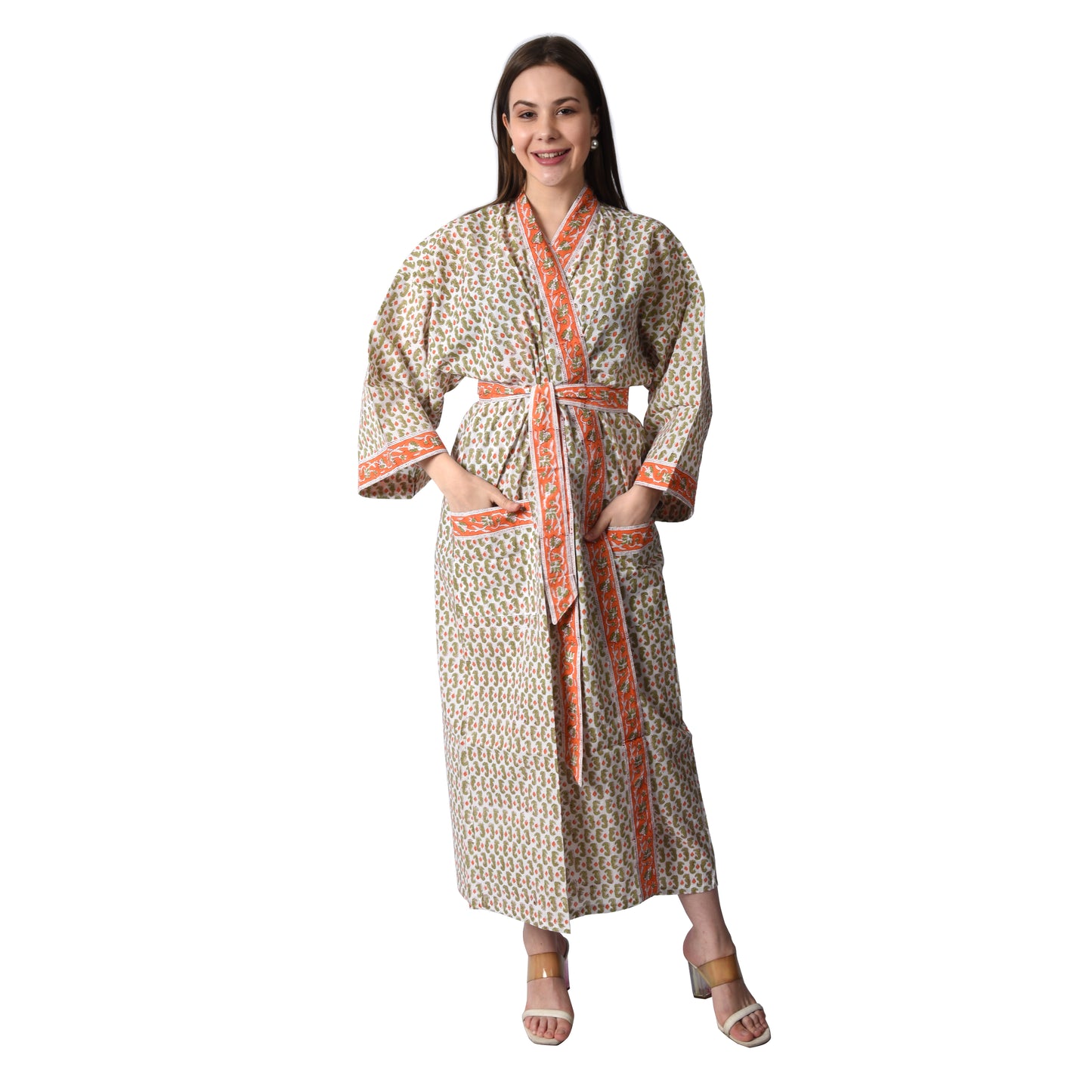 Hand Block Printed Sanganeri Jaipuri Floral Women Casual Kimono Dress Beach wear sleepwear belted dress