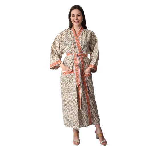 Hand Block Printed Sanganeri Jaipuri Floral Women Casual Kimono Dress Beach wear sleepwear belted dress