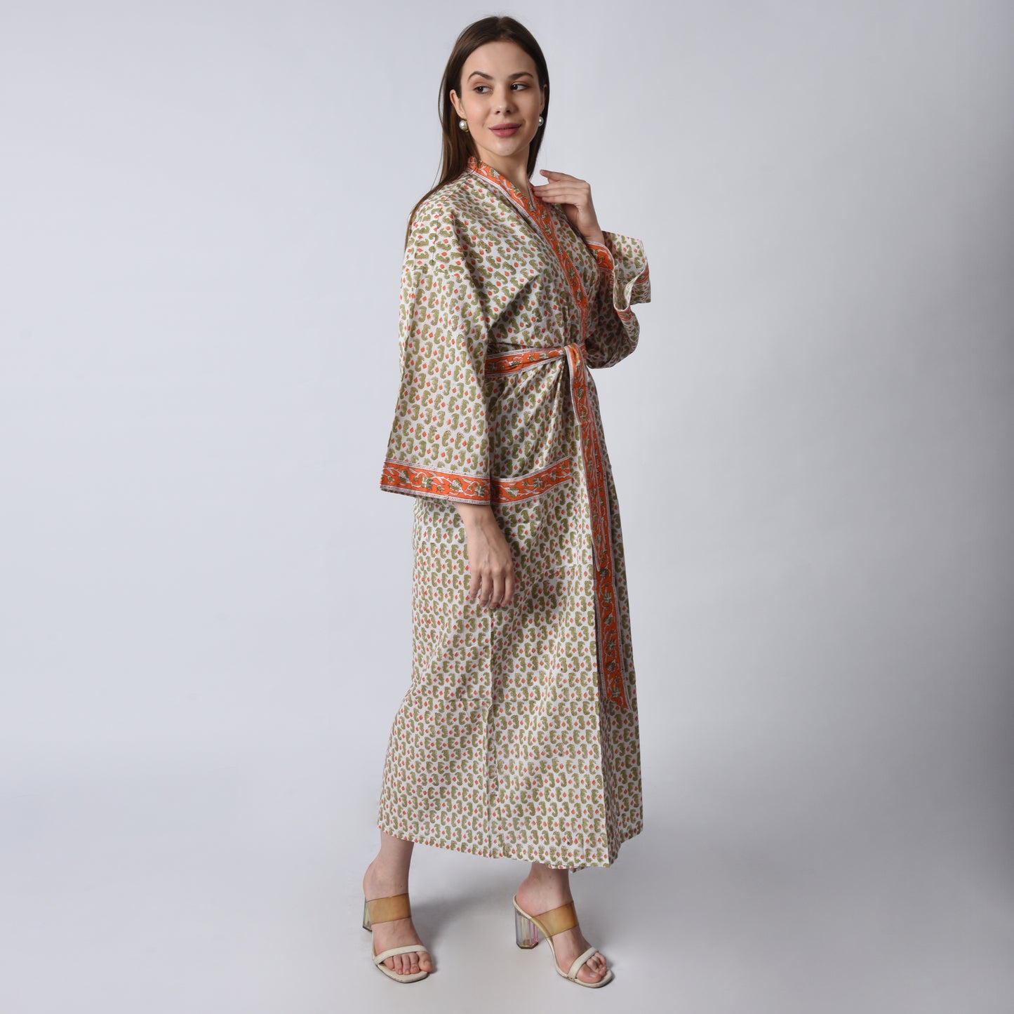 Hand Block Printed Sanganeri Jaipuri Floral Women Casual Kimono Dress Beach wear sleepwear belted dress
