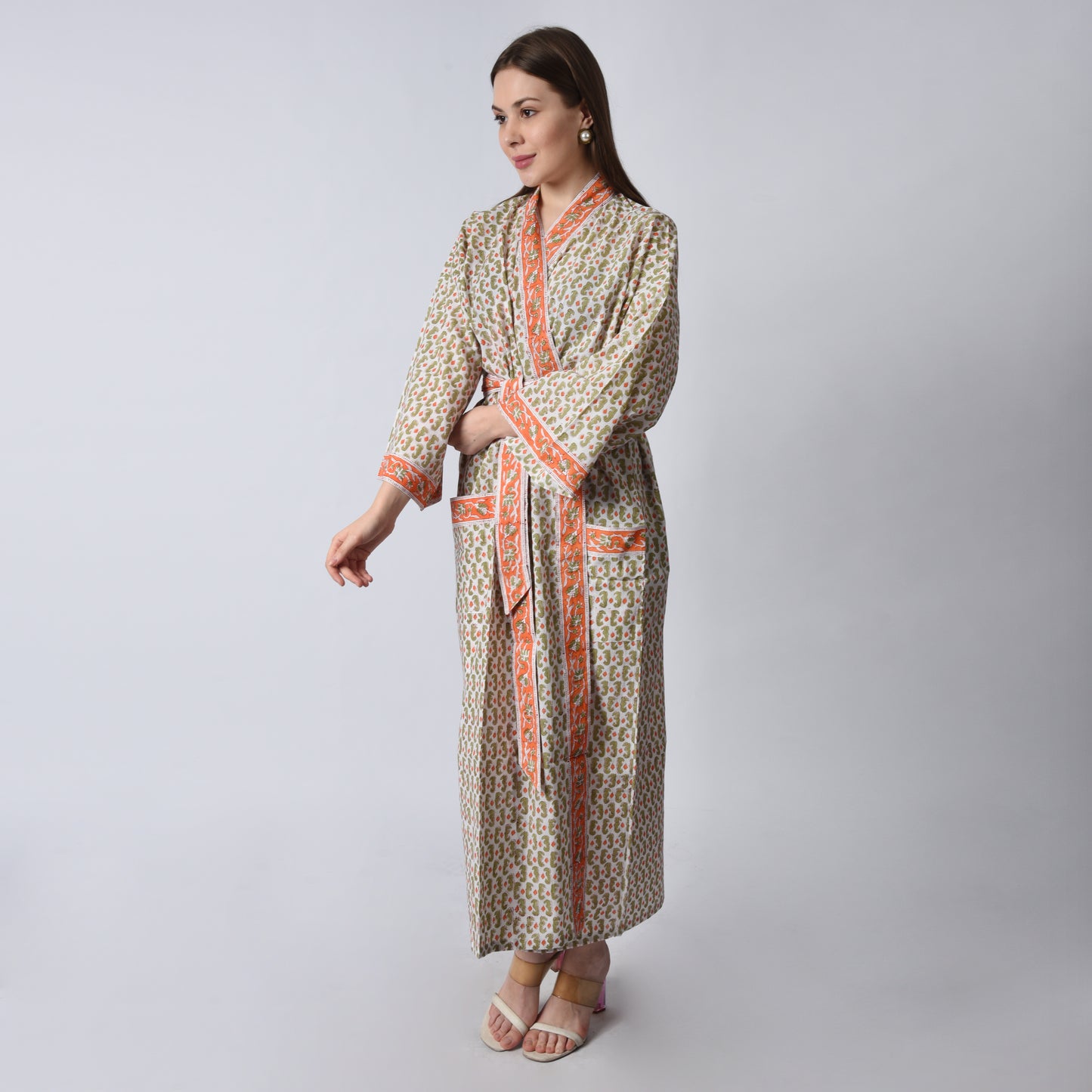Hand Block Printed Sanganeri Jaipuri Floral Women Casual Kimono Dress Beach wear sleepwear belted dress