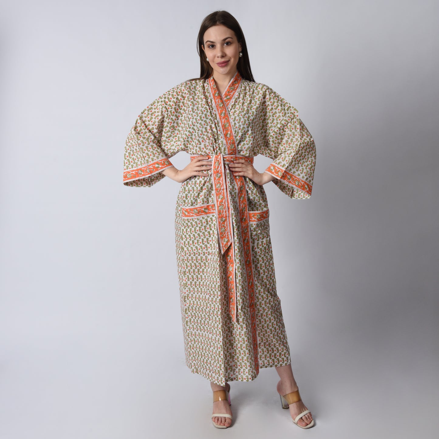 Hand Block Printed Sanganeri Jaipuri Floral Women Casual Kimono Dress Beach wear sleepwear belted dress