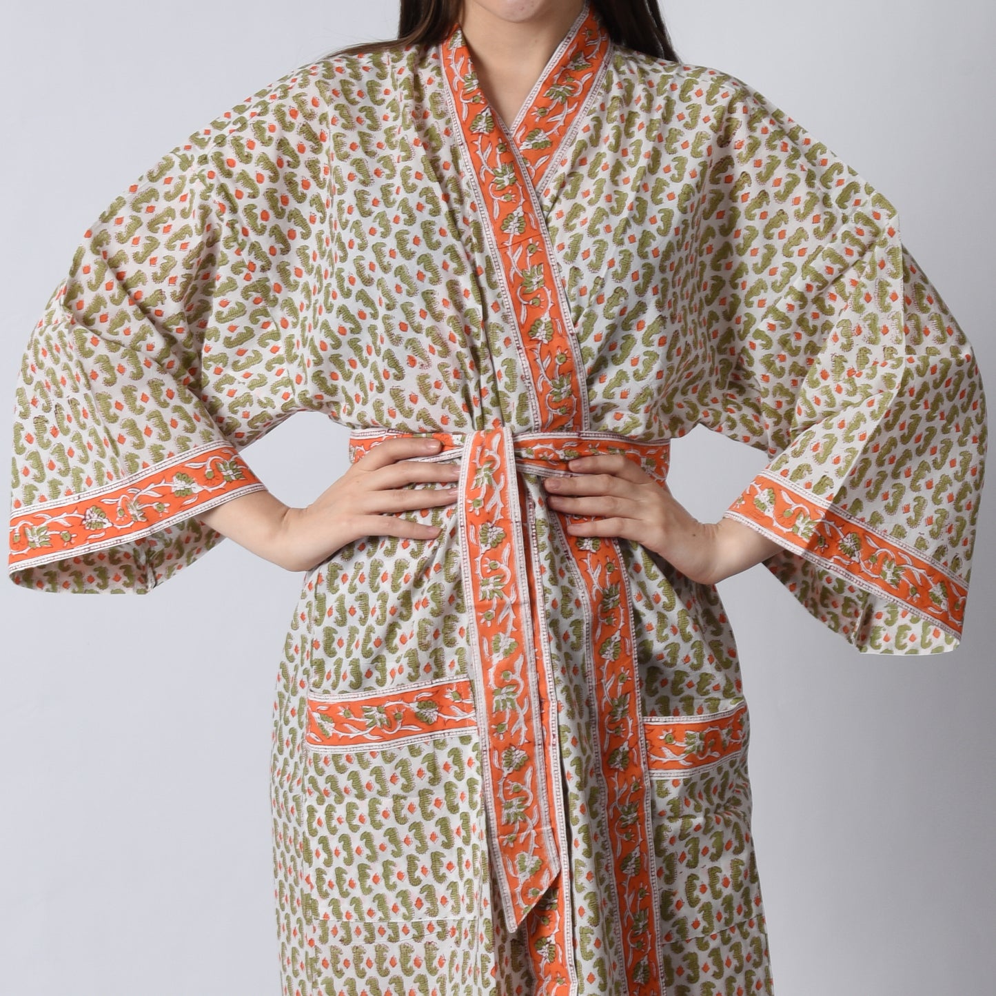 Hand Block Printed Sanganeri Jaipuri Floral Women Casual Kimono Dress Beach wear sleepwear belted dress