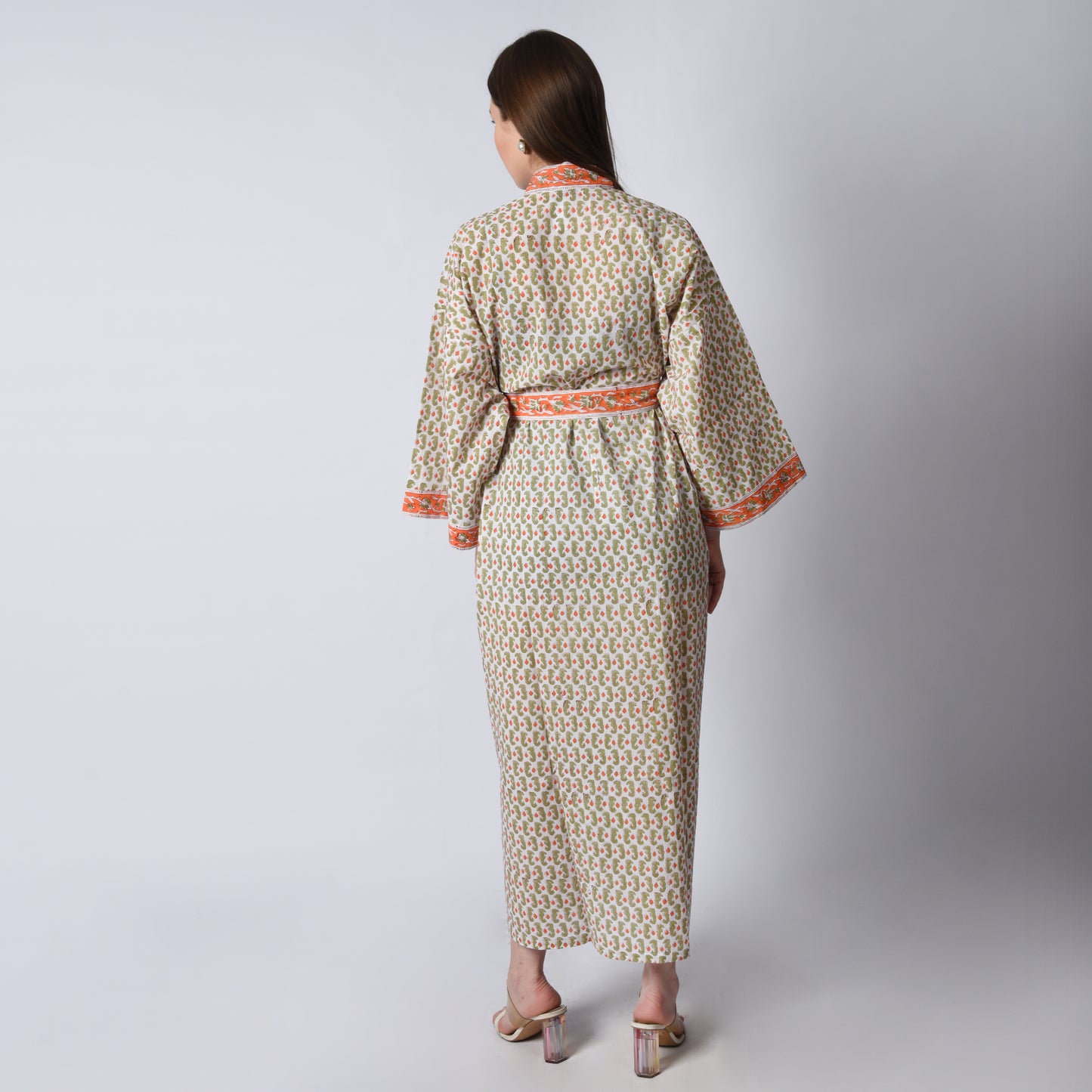 Hand Block Printed Sanganeri Jaipuri Floral Women Casual Kimono Dress Beach wear sleepwear belted dress