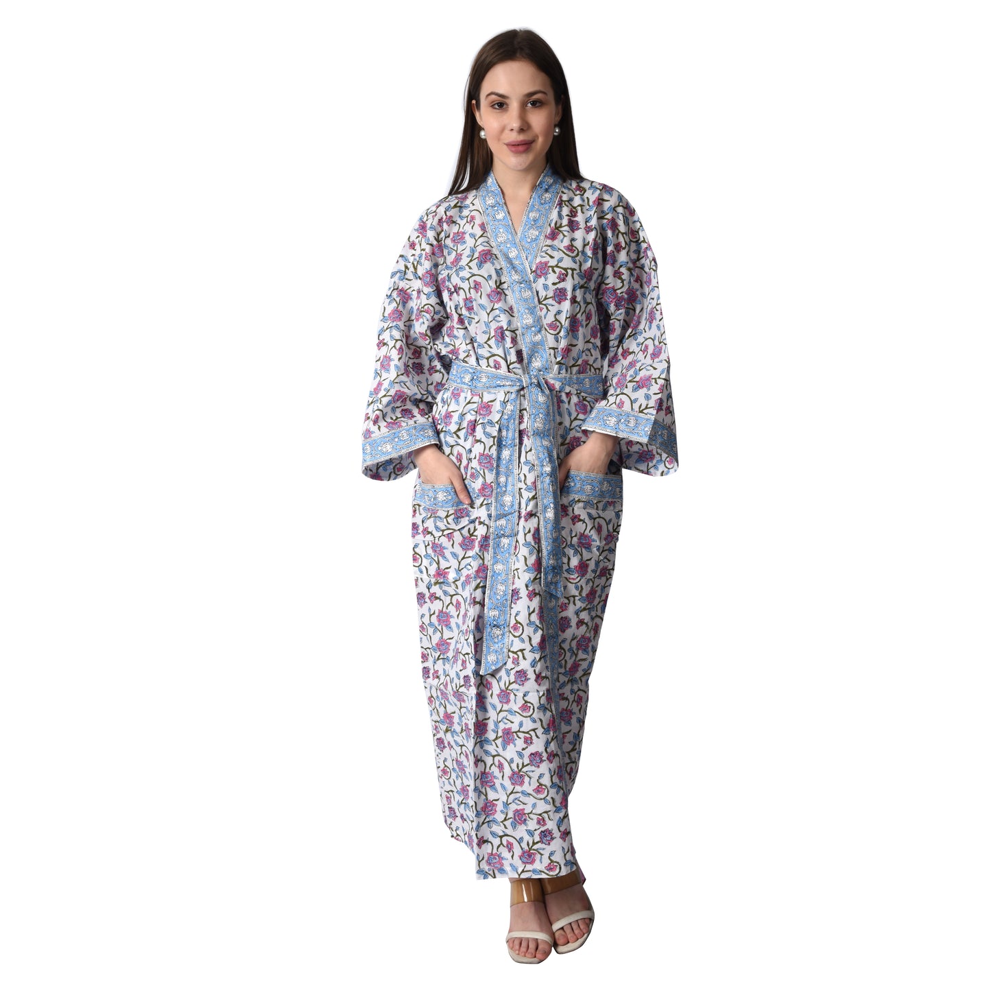 Hand Block Printed Sanganeri Jaipuri Floral Women Casual Kimono Dress Beach wear sleepwear belted dress