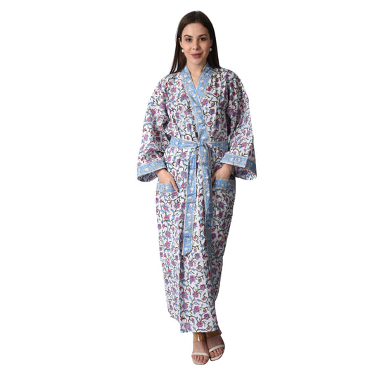Hand Block Printed Sanganeri Jaipuri Floral Women Casual Kimono Dress Beach wear sleepwear belted dress