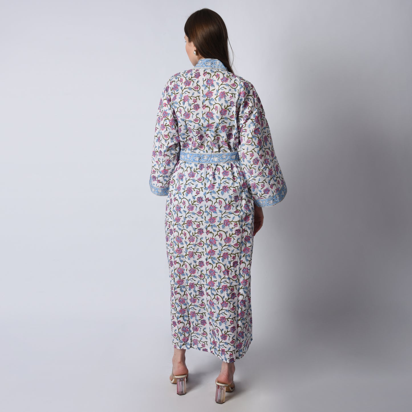 Hand Block Printed Sanganeri Jaipuri Floral Women Casual Kimono Dress Beach wear sleepwear belted dress