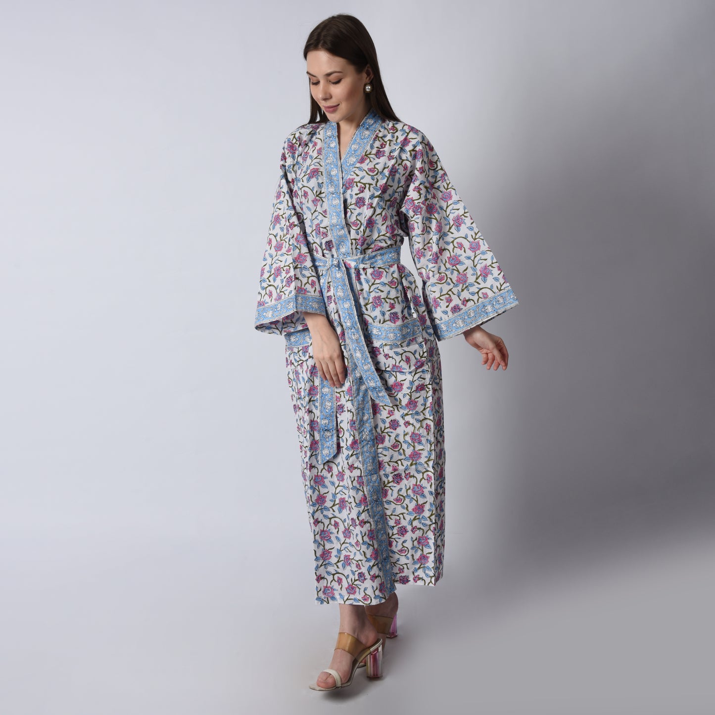 Hand Block Printed Sanganeri Jaipuri Floral Women Casual Kimono Dress Beach wear sleepwear belted dress