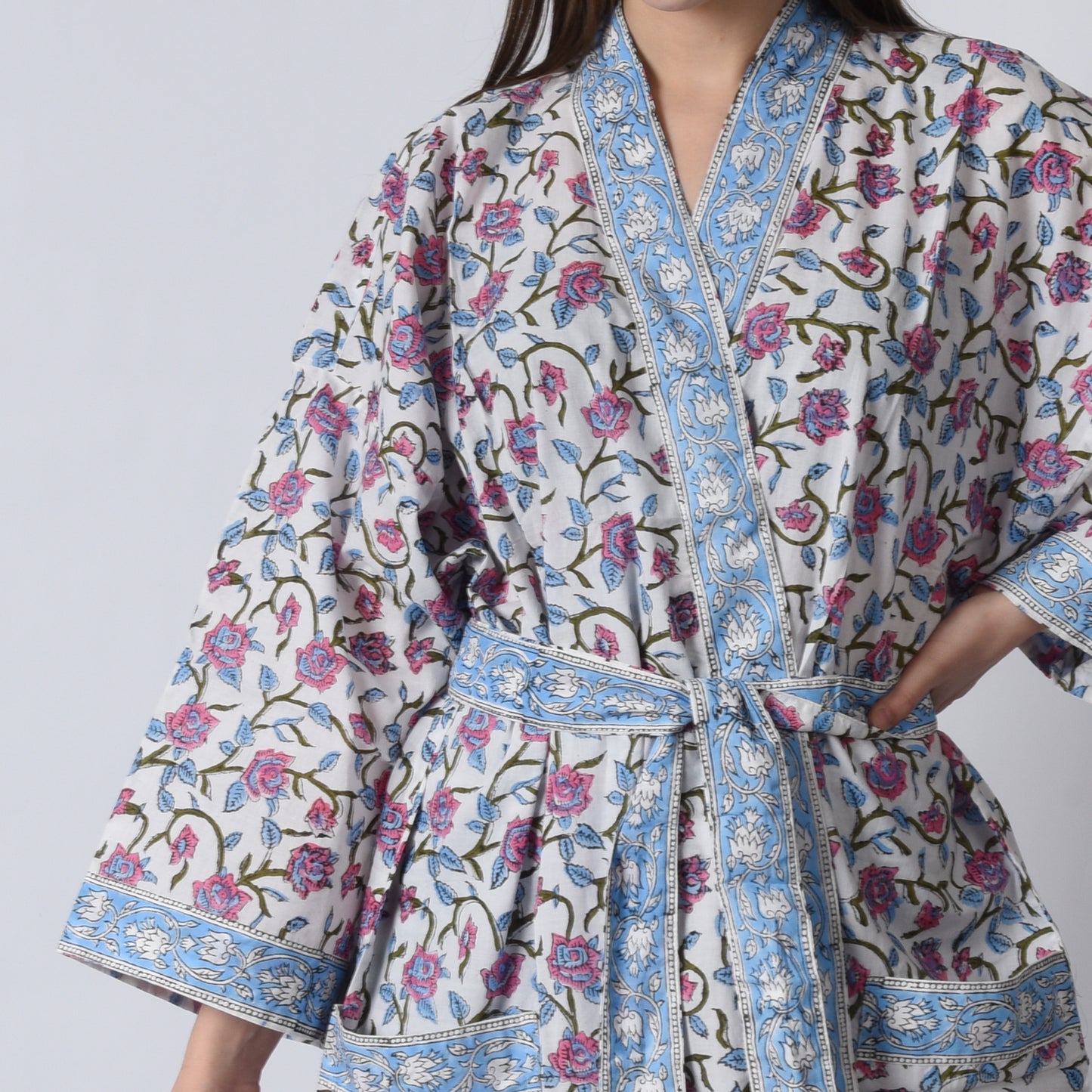 Hand Block Printed Sanganeri Jaipuri Floral Women Casual Kimono Dress Beach wear sleepwear belted dress