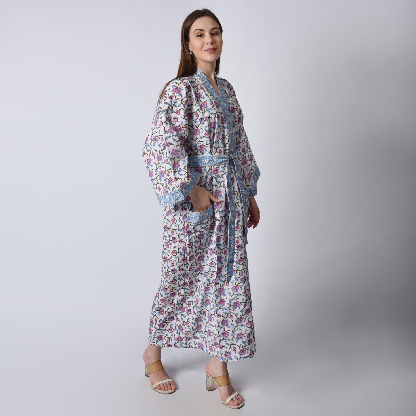 Hand Block Printed Sanganeri Jaipuri Floral Women Casual Kimono Dress Beach wear sleepwear belted dress