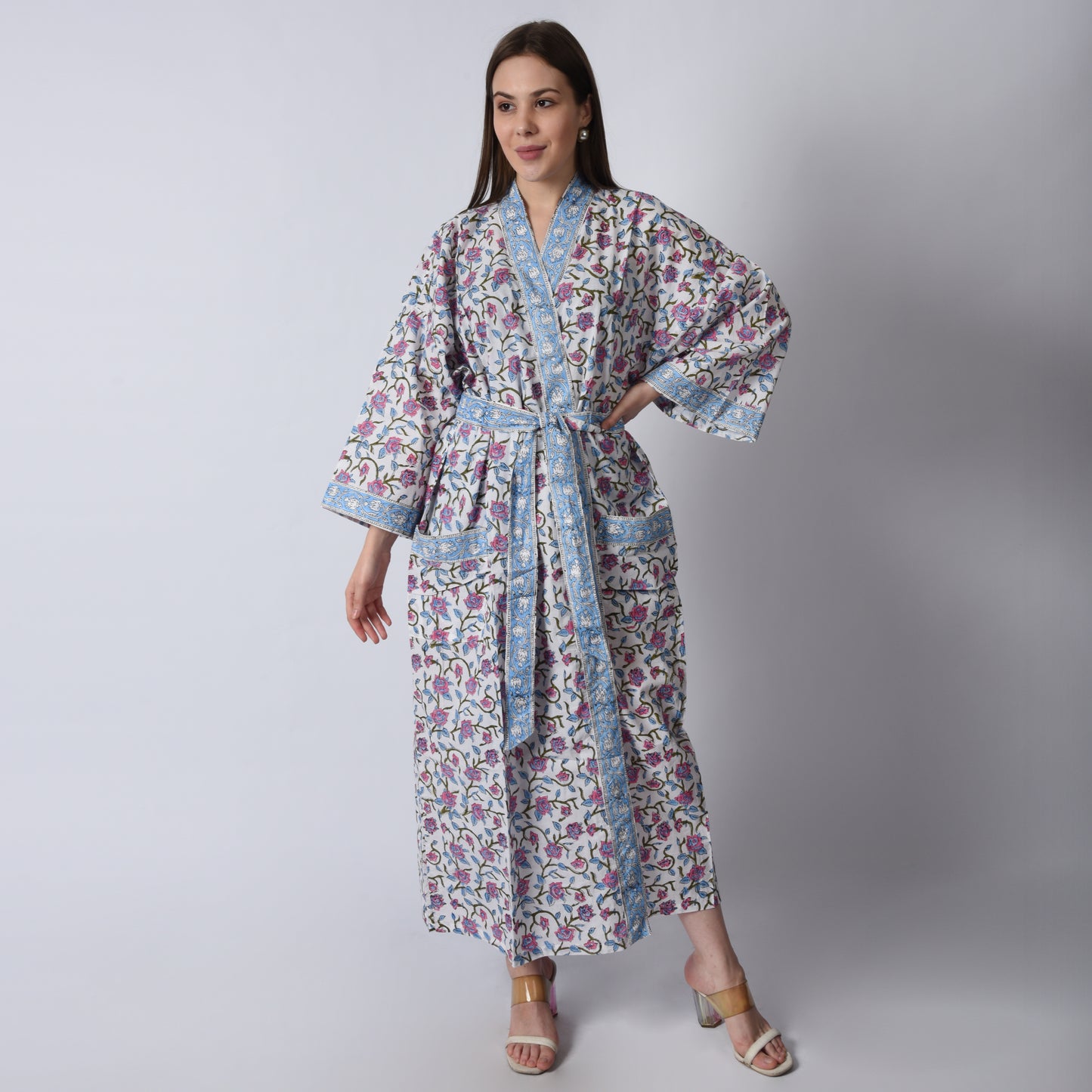 Hand Block Printed Sanganeri Jaipuri Floral Women Casual Kimono Dress Beach wear sleepwear belted dress