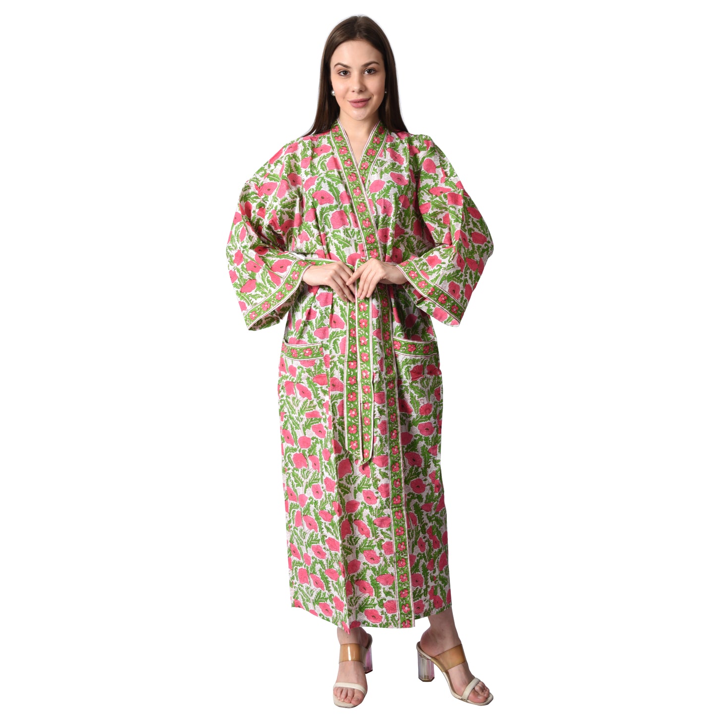 Hand Block Printed Sanganeri Jaipuri Floral Women Casual Kimono Dress Beach wear sleepwear belted dress