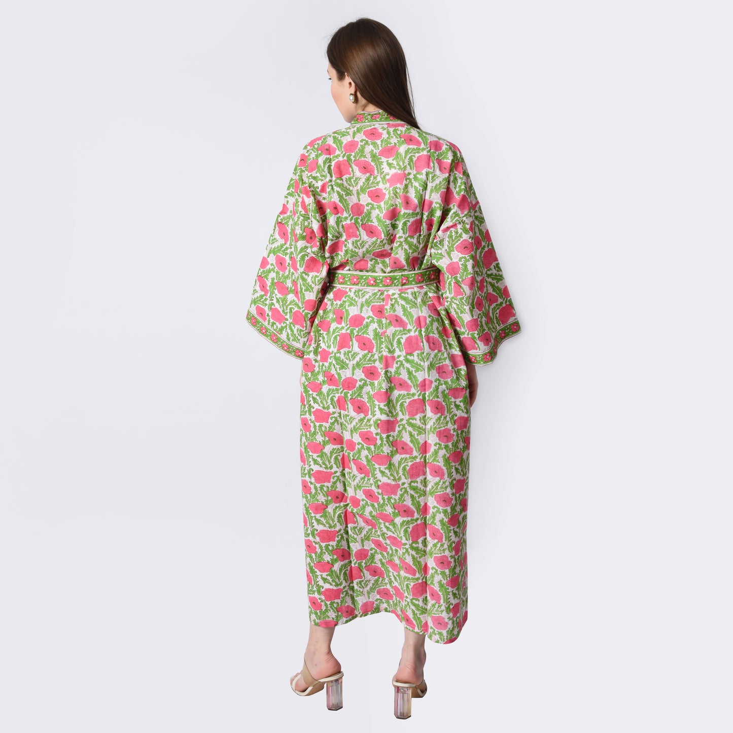 Hand Block Printed Sanganeri Jaipuri Floral Women Casual Kimono Dress Beach wear sleepwear belted dress