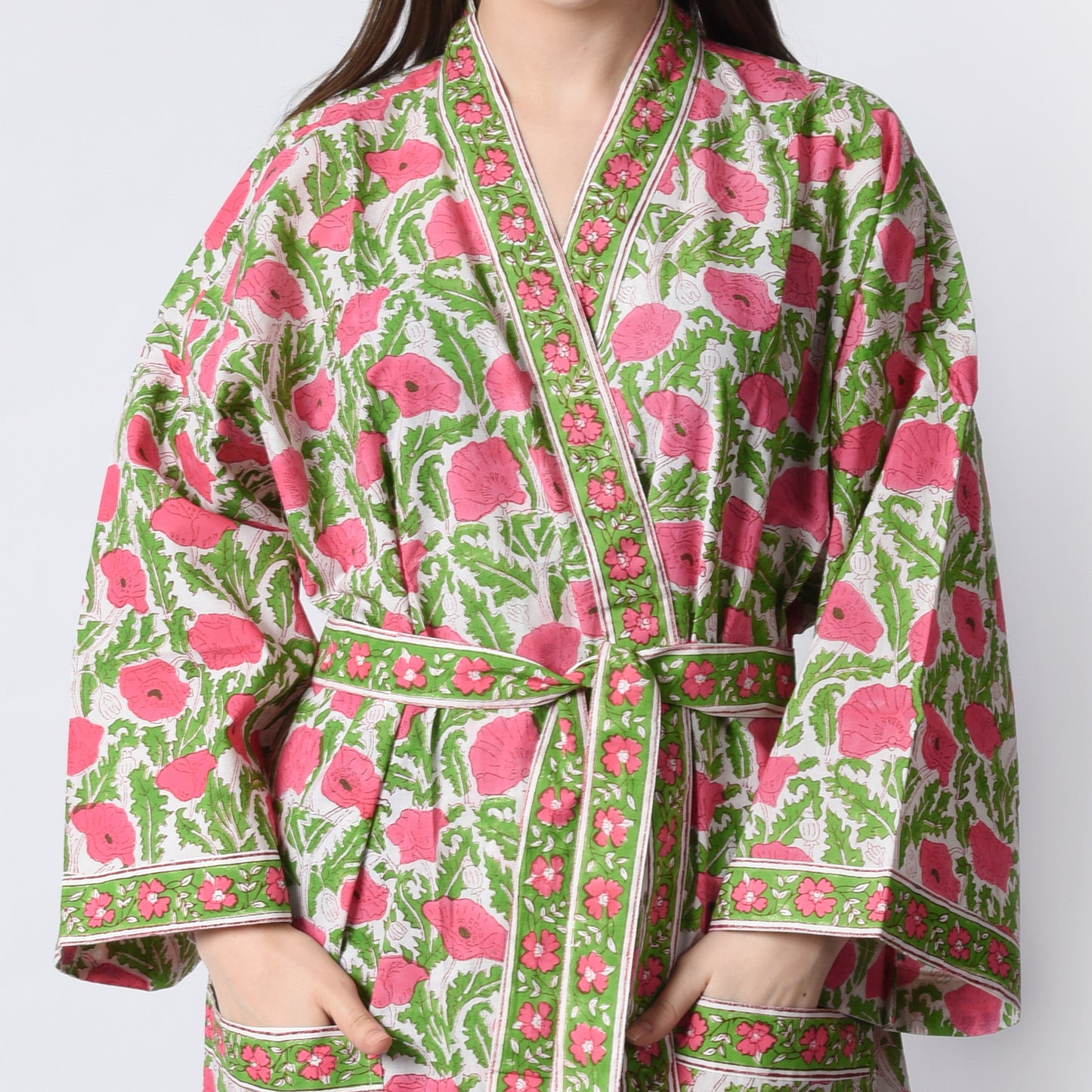 Hand Block Printed Sanganeri Jaipuri Floral Women Casual Kimono Dress Beach wear sleepwear belted dress