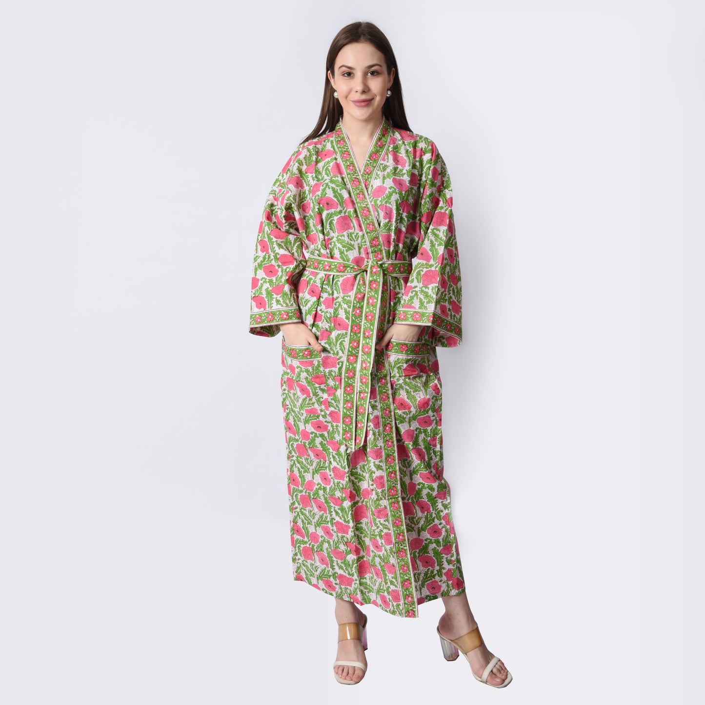 Hand Block Printed Sanganeri Jaipuri Floral Women Casual Kimono Dress Beach wear sleepwear belted dress