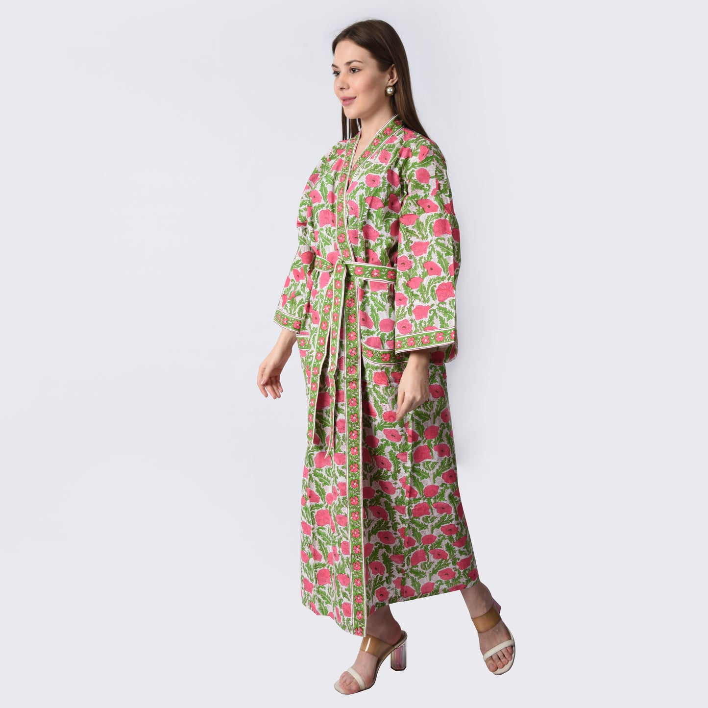 Hand Block Printed Sanganeri Jaipuri Floral Women Casual Kimono Dress Beach wear sleepwear belted dress