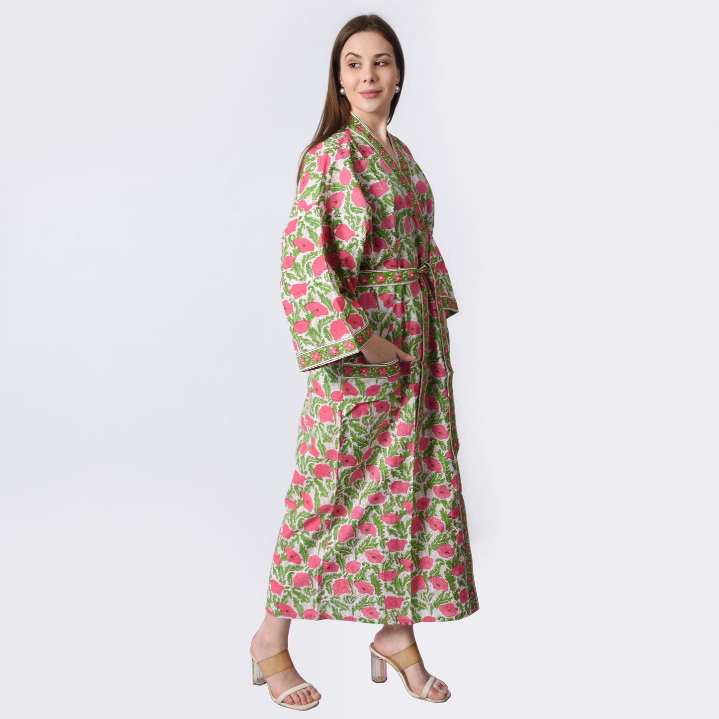 Hand Block Printed Sanganeri Jaipuri Floral Women Casual Kimono Dress Beach wear sleepwear belted dress