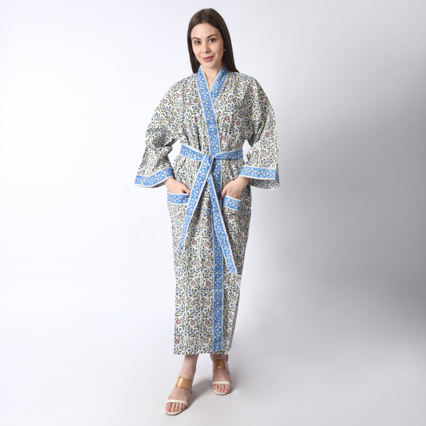 Hand Block Printed Sanganeri Jaipuri Floral Women Casual Kimono Dress Beach wear sleepwear belted dress