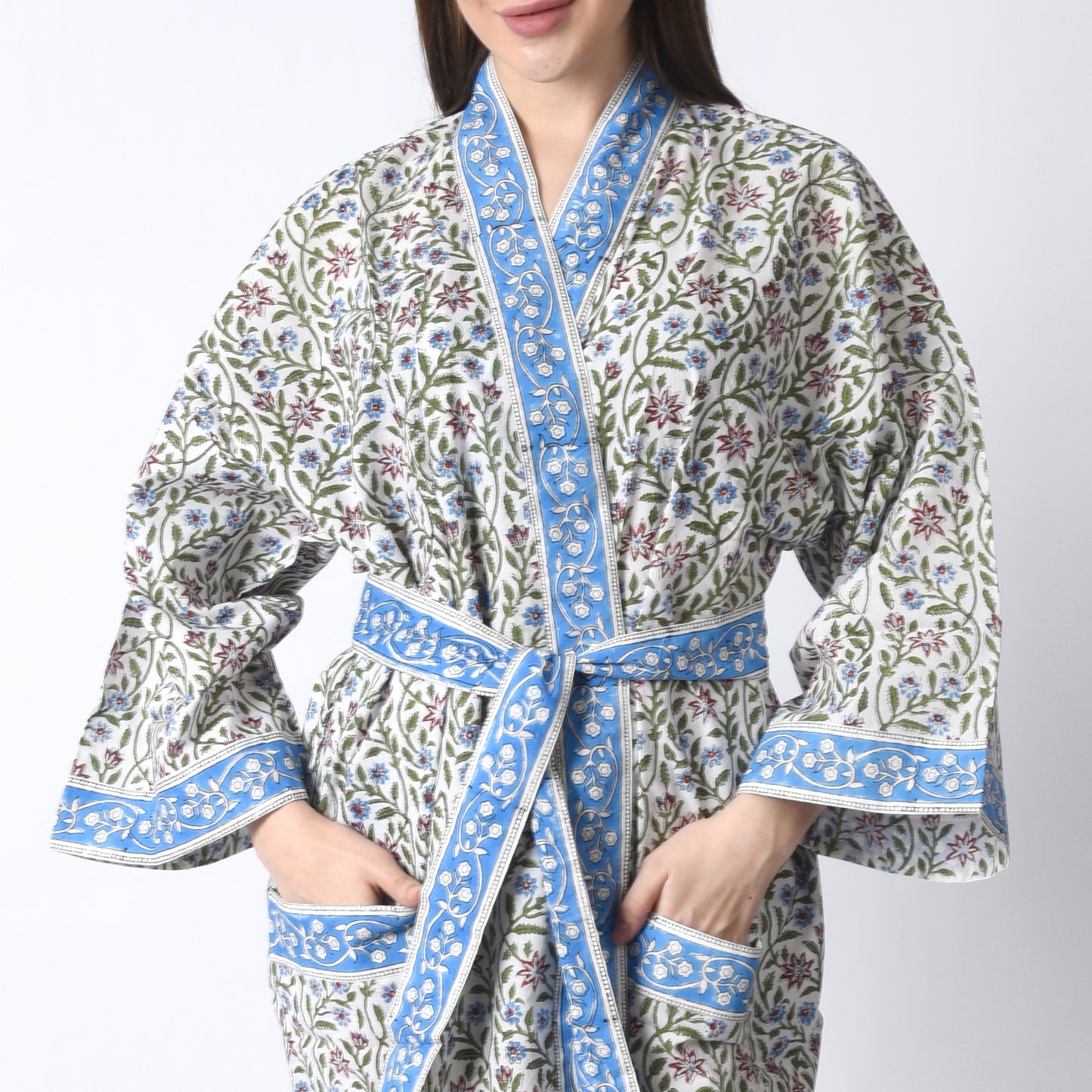 Hand Block Printed Sanganeri Jaipuri Floral Women Casual Kimono Dress Beach wear sleepwear belted dress