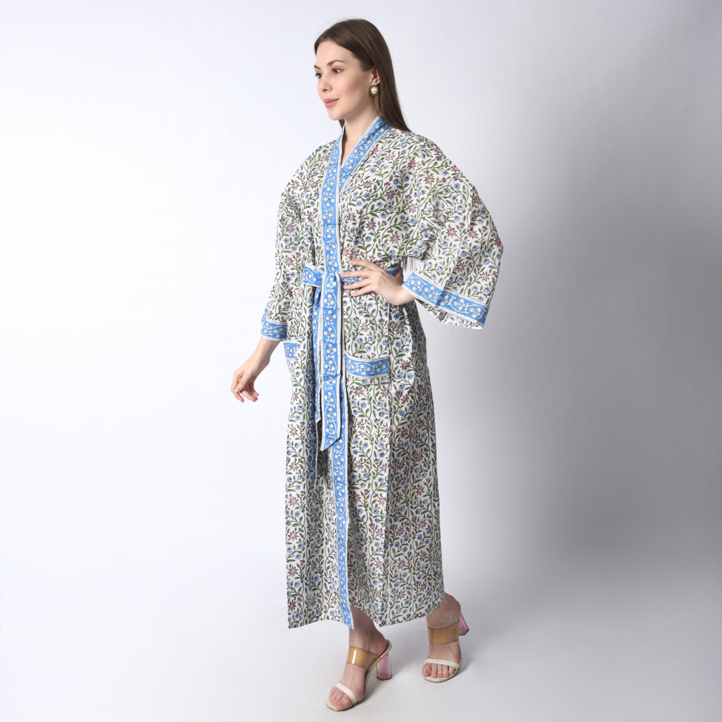 Hand Block Printed Sanganeri Jaipuri Floral Women Casual Kimono Dress Beach wear sleepwear belted dress