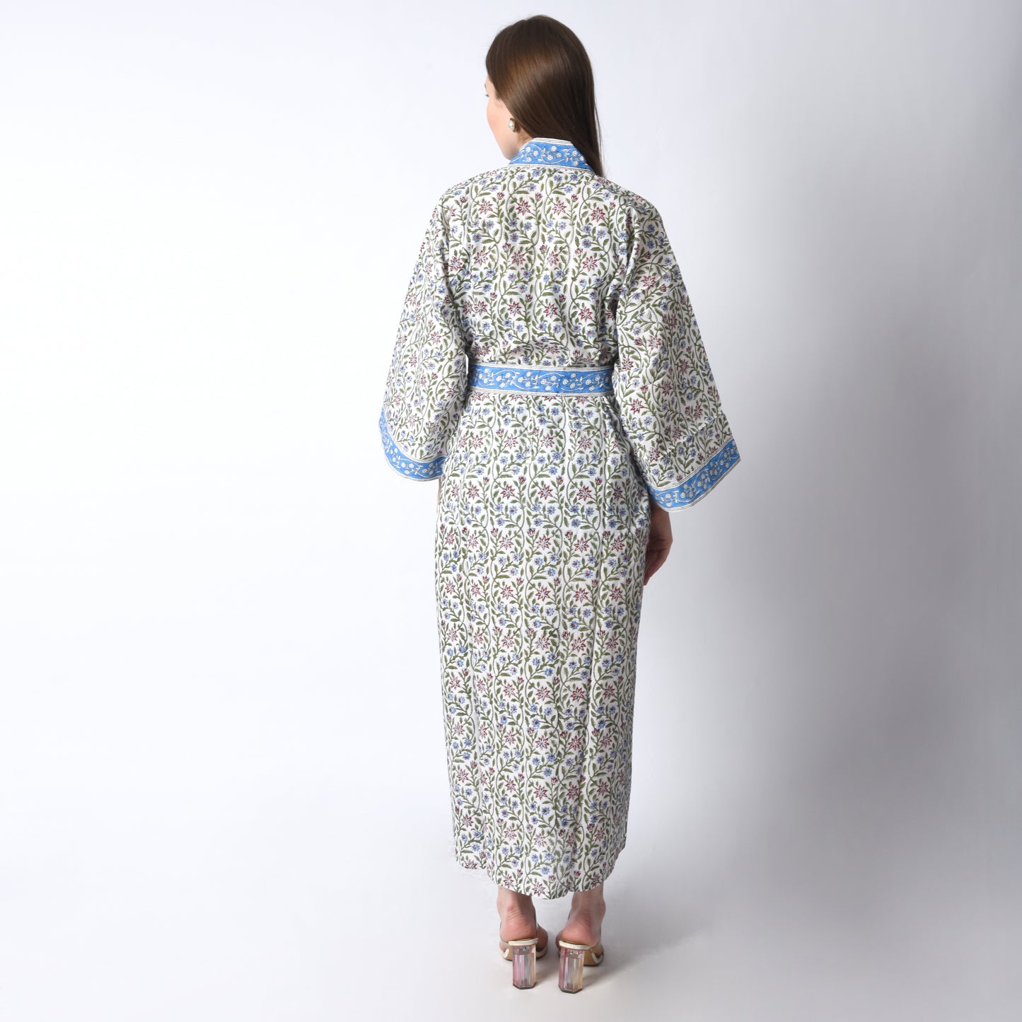 Hand Block Printed Sanganeri Jaipuri Floral Women Casual Kimono Dress Beach wear sleepwear belted dress