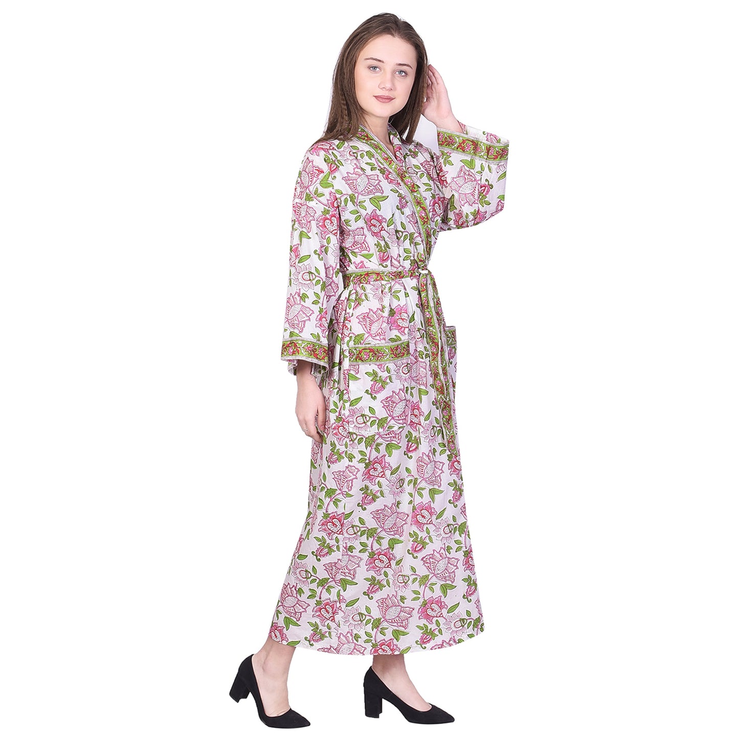 Hand Block Printed Sanganeri Jaipuri Floral Women Casual Kimono Dress Beach wear sleepwear belted dress