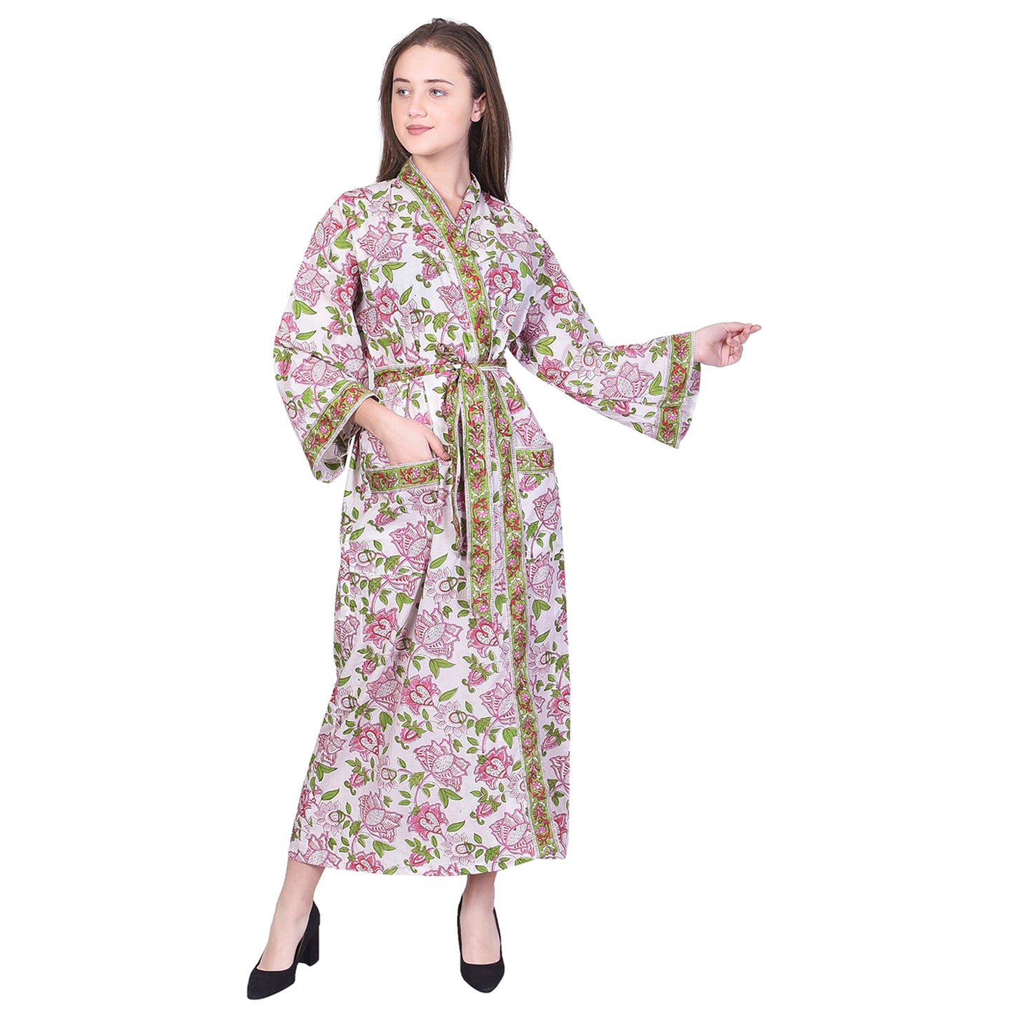 Hand Block Printed Sanganeri Jaipuri Floral Women Casual Kimono Dress Beach wear sleepwear belted dress