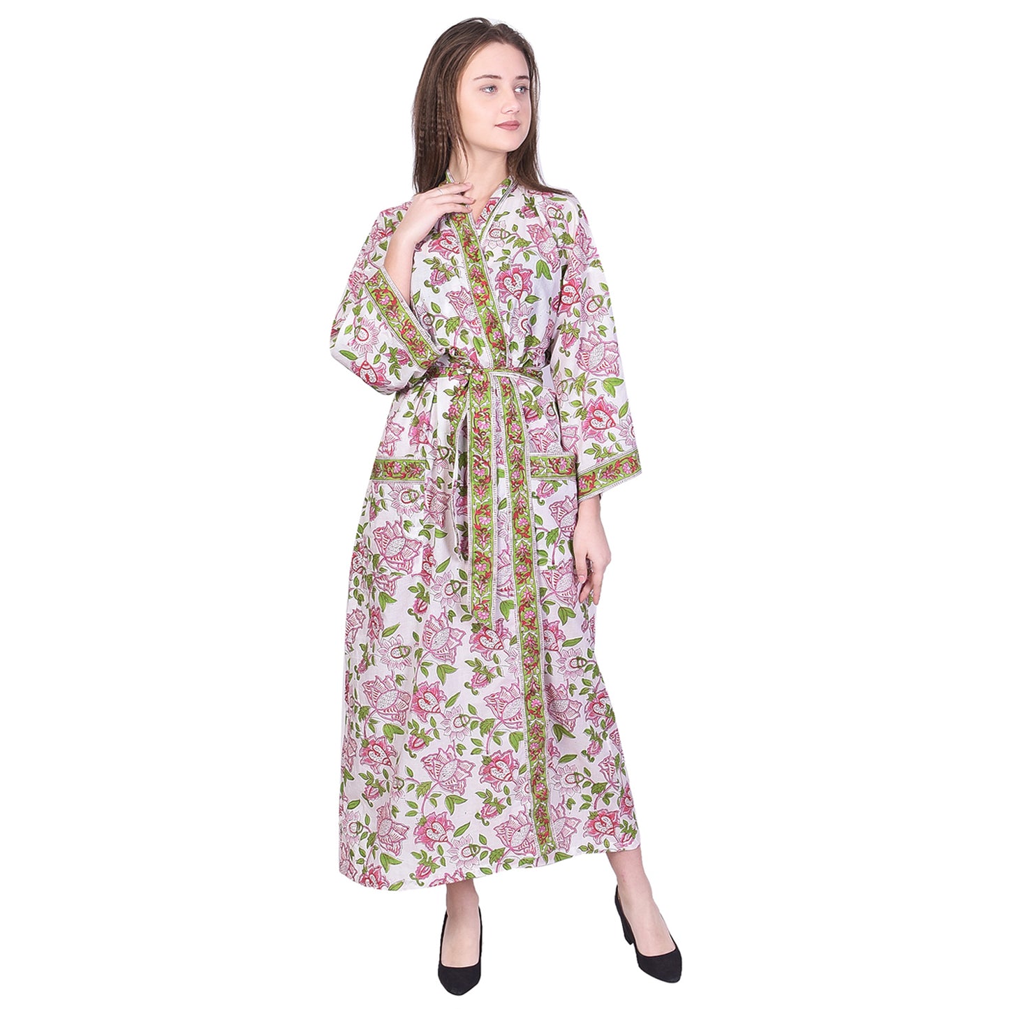 Hand Block Printed Sanganeri Jaipuri Floral Women Casual Kimono Dress Beach wear sleepwear belted dress