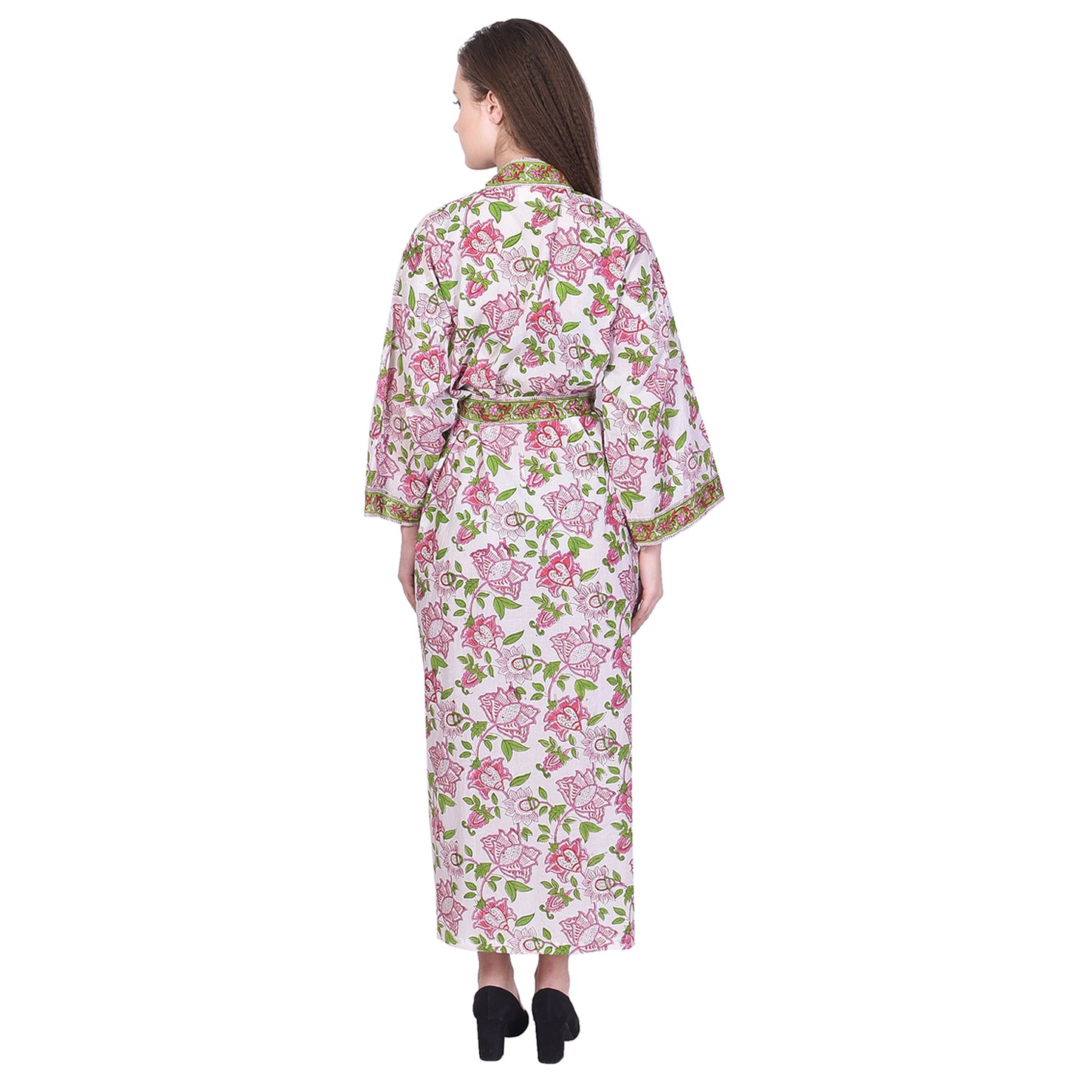 Hand Block Printed Sanganeri Jaipuri Floral Women Casual Kimono Dress Beach wear sleepwear belted dress