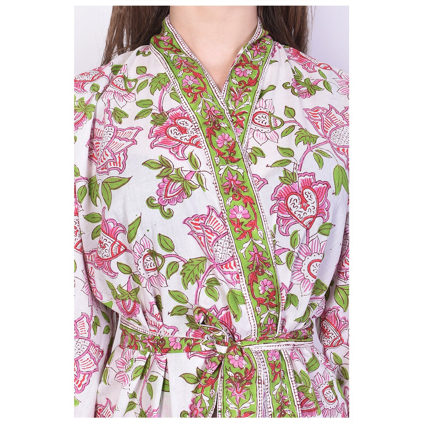 Hand Block Printed Sanganeri Jaipuri Floral Women Casual Kimono Dress Beach wear sleepwear belted dress