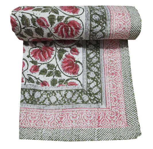 Handmade Cotton Kantha Bedspread Quilt Handmade Throw Blanket Gudari Traditional block Printed