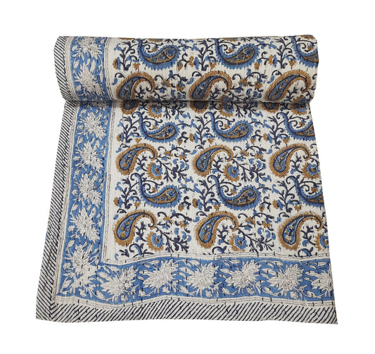 Handmade Cotton Kantha Bedspread Quilt Handmade Throw Blanket Gudari Traditional block Printed