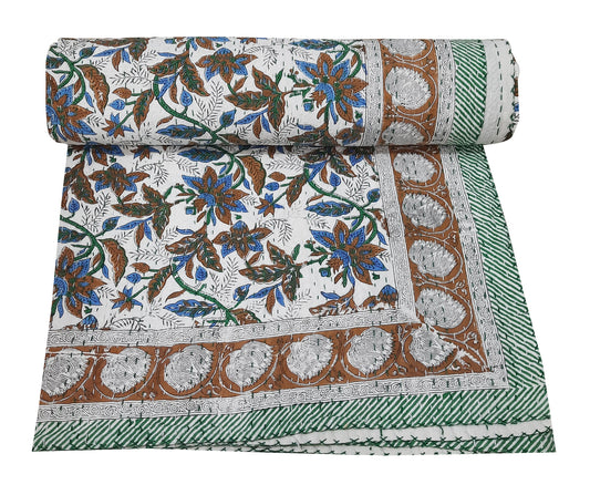 Handmade Cotton Kantha Bedspread Quilt Handmade Throw Blanket Gudari Traditional block Printed