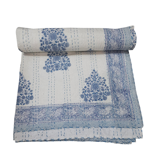Handmade Cotton Kantha Bedspread Quilt Handmade Throw Blanket Gudari Traditional block Printed