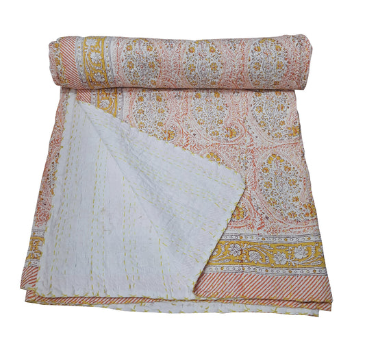 Handmade Cotton Kantha Bedspread Quilt Handmade Throw Blanket Gudari Traditional block Printed