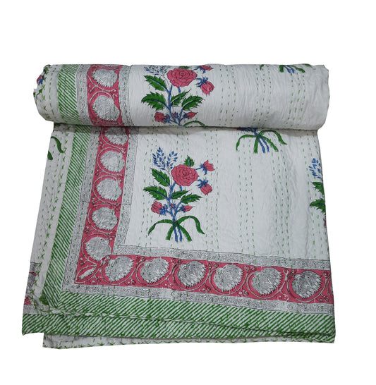 Handmade Cotton Kantha Bedspread Quilt Handmade Throw Blanket Gudari Traditional block Printed