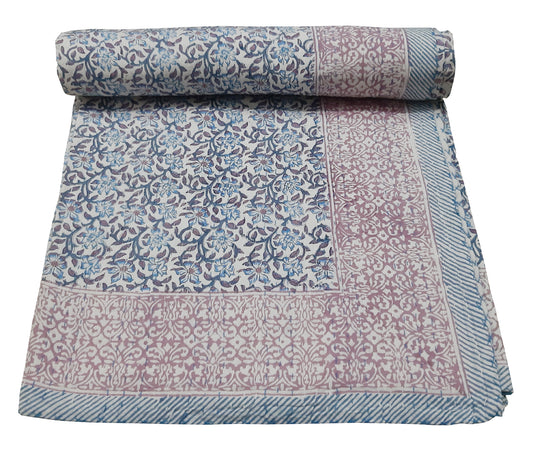 Handmade Cotton Kantha Bedspread Quilt Handmade Throw Blanket Gudari Traditional block Printed