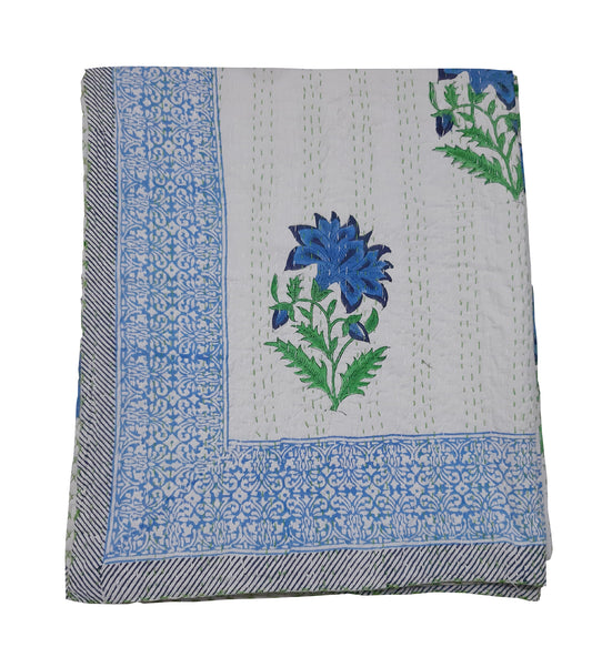 Handmade Cotton Kantha Bedspread Quilt Handmade Throw Blanket Gudari Traditional block Printed
