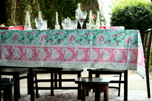 Indian Hand Block Traditional Printed Tablecloth Handmade Cotton Floral 6 Seater Tabletop Decorative for Dinning Table 60 * 90 Inches with Nepkins
