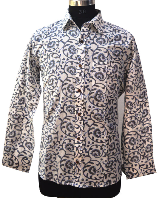 Men's Cotton Shirt Slim Fit Full Sleeves Traditional Block Printed Button Down Skin Friendly Cotton fabric Shirt