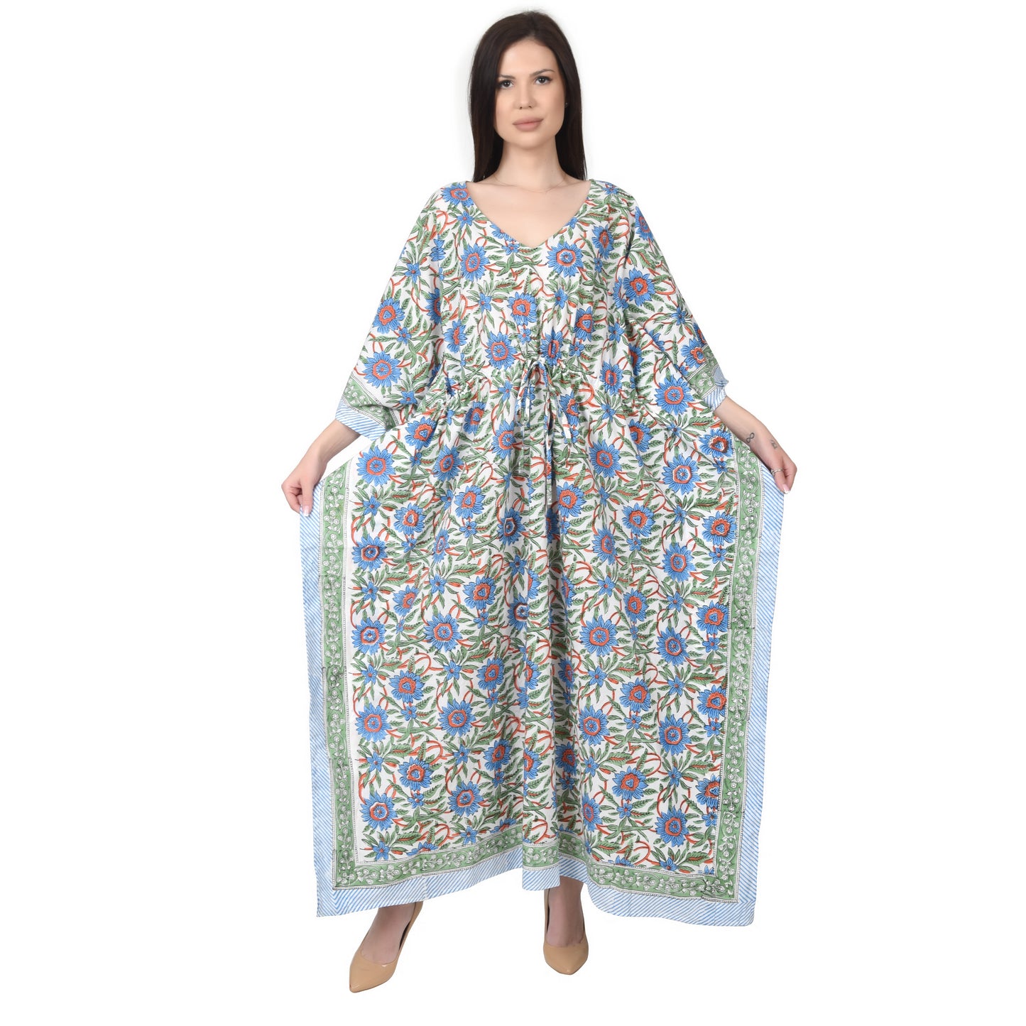 Hand Block Print Cotton Caftans For Women Free Size Vintage traditonal art Maxi gown sleepwear Night gown Kaftan dress
