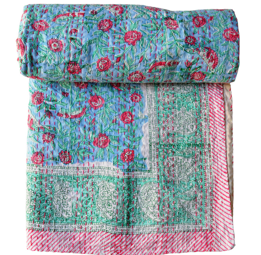 Handmade Cotton Kantha Bedspread Quilt Handmade Throw Blanket Gudari Traditional block Printed
