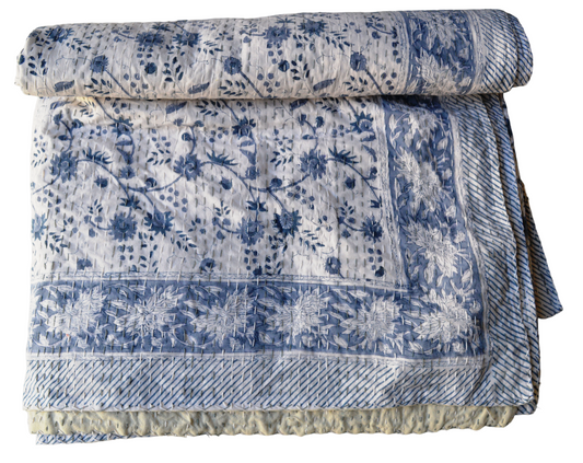 Handmade Cotton Kantha Bedspread Quilt Handmade Throw Blanket Gudari Traditional block Printed