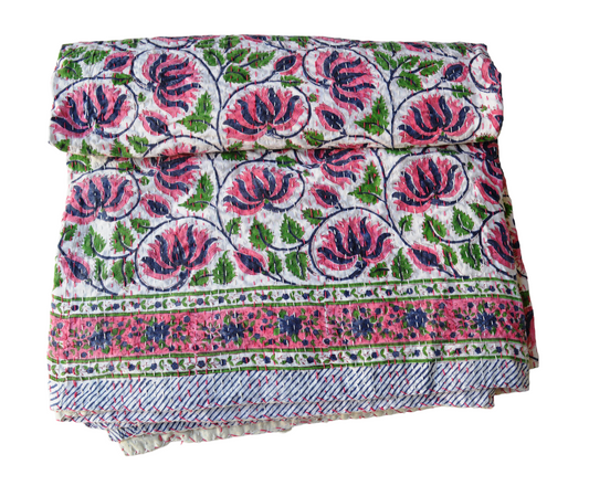 Handmade Cotton Kantha Bedspread Quilt Handmade Throw Blanket Gudari Traditional block Printed