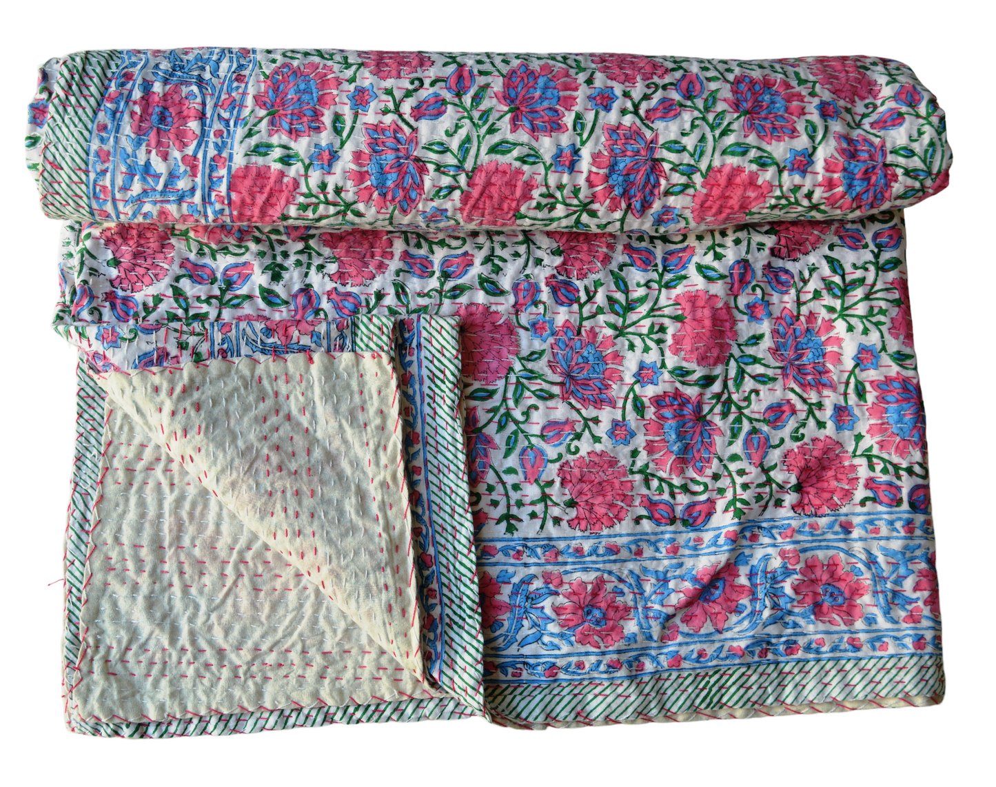 Handmade Cotton Kantha Bedspread Quilt Handmade Throw Blanket Gudari Traditional block Printed