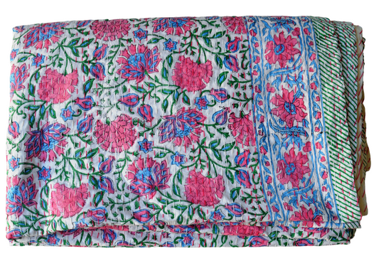 Handmade Cotton Kantha Bedspread Quilt Handmade Throw Blanket Gudari Traditional block Printed
