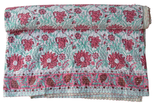 Handmade Cotton Kantha Bedspread Quilt Handmade Throw Blanket Gudari Traditional block Printed